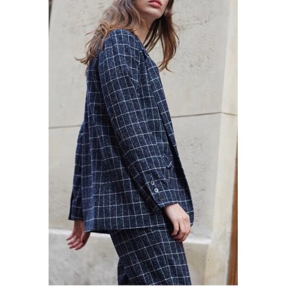 FRNCH Jackets & Blazers - FRNCH Paris Louka Blue & White Windowpane Blazer Womens Large Career Academia